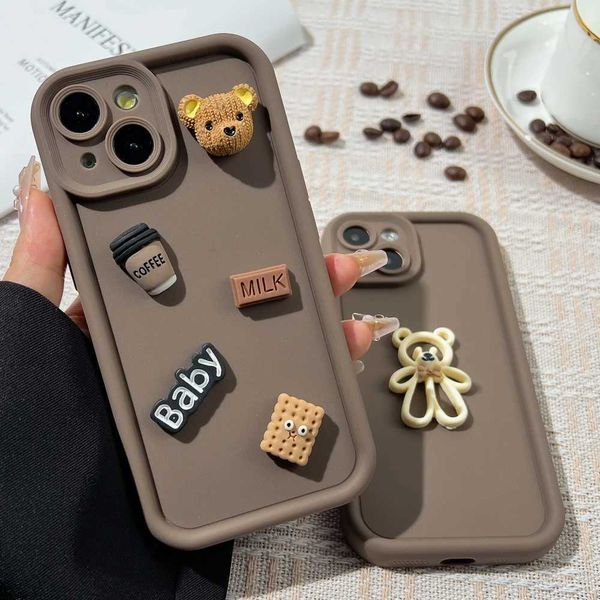 Korean Cute Cartoon 3D Coffee Bear Phone Case For 11 Case 13 12 14 16 15 Pro Max XR XS 7 8 Plus SE 2020 Soft CoverXJ241114