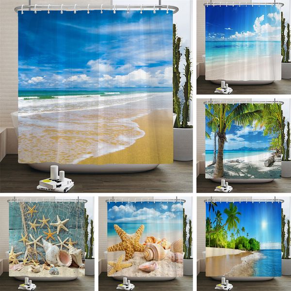 Shower Curtains 3d Beach Scenery Shower Curtains Sea Ocean Mediterranean Bathroom Curtain Waterproof Cloth Decoration 180*240cm Bath Curtain