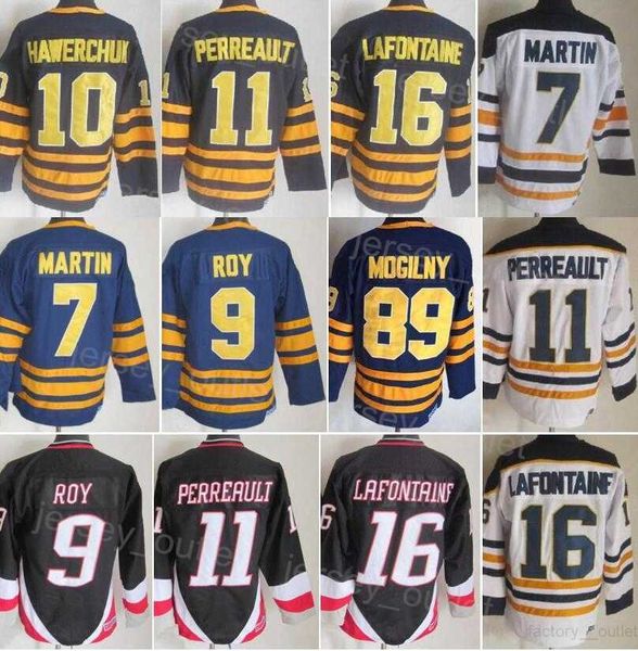 Men Retro Hockey 16 Pat Lafontaine Jersey Vintage Classic 7 Rick Martin 9 Derek Roy 10 Hawerchuk 11 Gilbert Perreault 89 Mogilny Navy Blue W