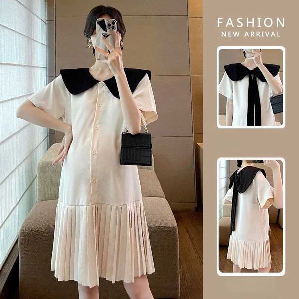 Korean Style Maternity Dresses Summer Black Sweet Pregnancy Clothes Doll Collar Pleated Skirt 2022 New Elegant WOMEN Plus SizeXJ241005