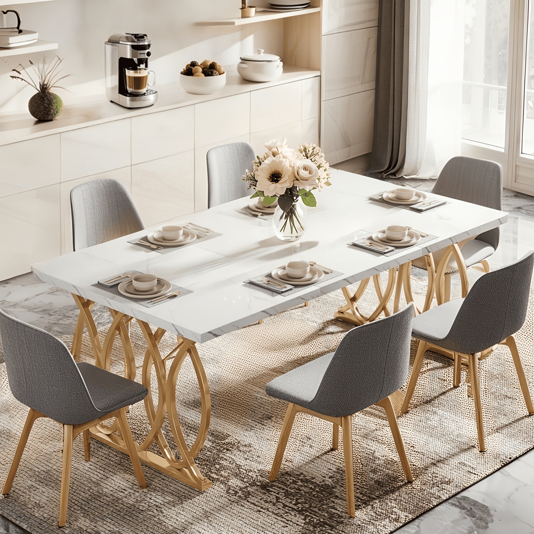 TEMU Modern Dining Table For 4-6 People, 63" Large Kitchen Table, Unique Rectangular Dinner Table, Dining Room Furniture With Marble Tabletop And