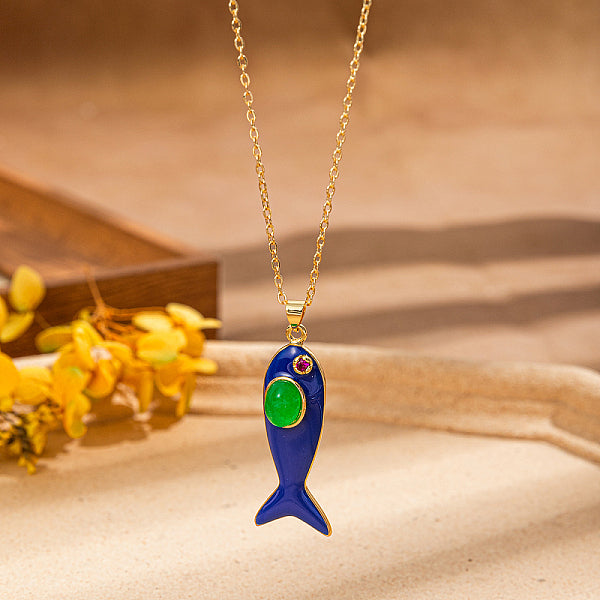 Collares colgantes con forma de pez de circonita cúbica pavé de latón para mujer