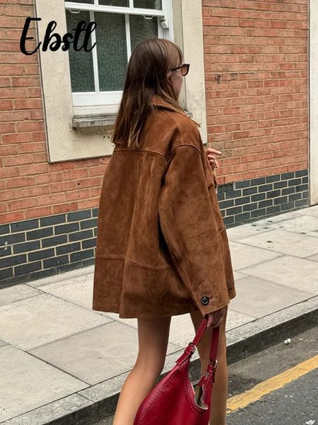 Retro collar suede jacket womens loose single chest long sleeved pocket jacket autumn-winter womens casual jacket 241022