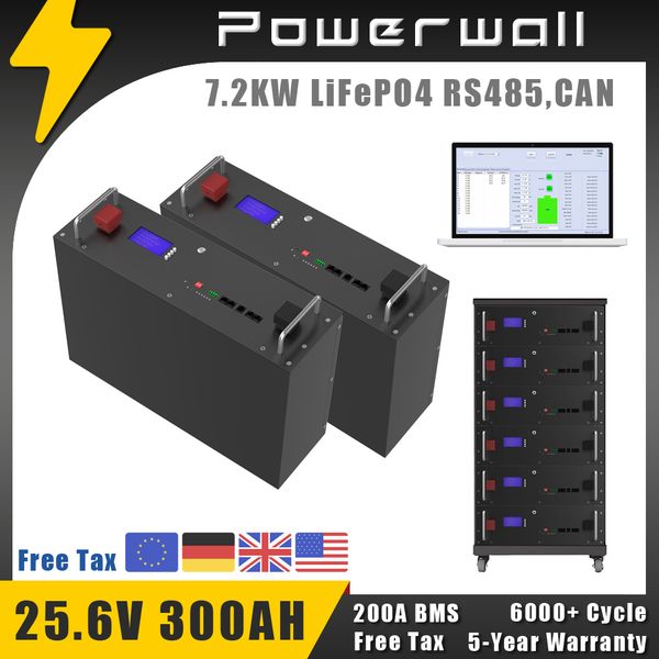 24V LiFePO4 300AH Battery 25.6V 7200Wh 6000+ Cycle PC Monitor RS485 CAN Max 32 Parallel For Solar Off-On Grid Inverter NO TAX