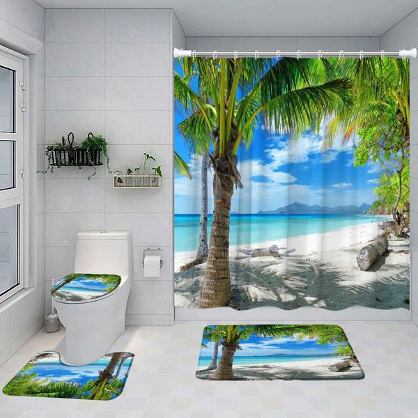 Island Beach Shower Curtain Set Tropical Coconut Tree Green Plants Ocean Nature Landscape Bathroom Decor Bath Mats Toilet Cover Y240815