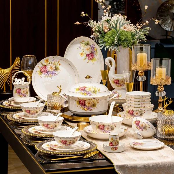 Dinnerware Sets European Style Dinnerware Set - 60-Piece Bone China Tableware Set with Bowls Spoons and Plates H250110