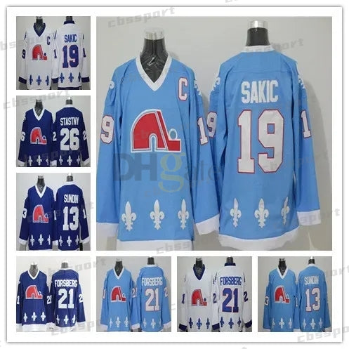 Mens Womens Youths Retro Quebec Nordiques Jerseys Hockey 13 Mats Sundin 21 Peter Forsberg 26 Peter Stastny 19 Joe Sakic Light Blue White Uniforms