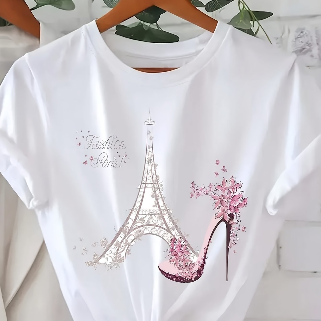 TEMU Women's T-shirt | Paris Print With & High Heels Design | Round Neck, Short Sleeve | Casual Loose Fit | Breathable Knit Fabric | Machine Washable