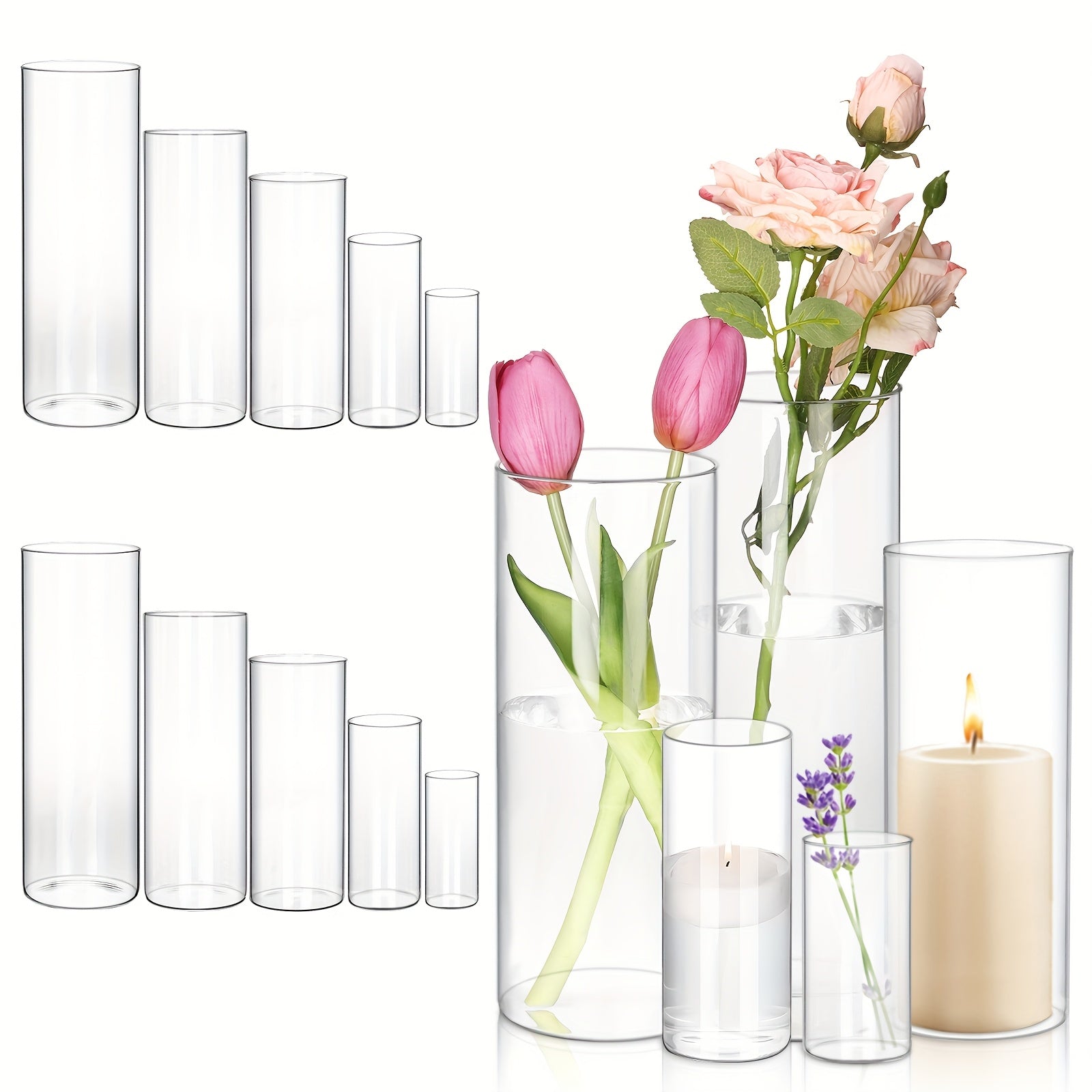 TEMU Tomnk 15pcs Glass Cylinder Vases, 5 Sizestransparent Vase, Hurricane Vases, Glass Flower Vases For Wedding Decorations, Home Decor, Party, Home,