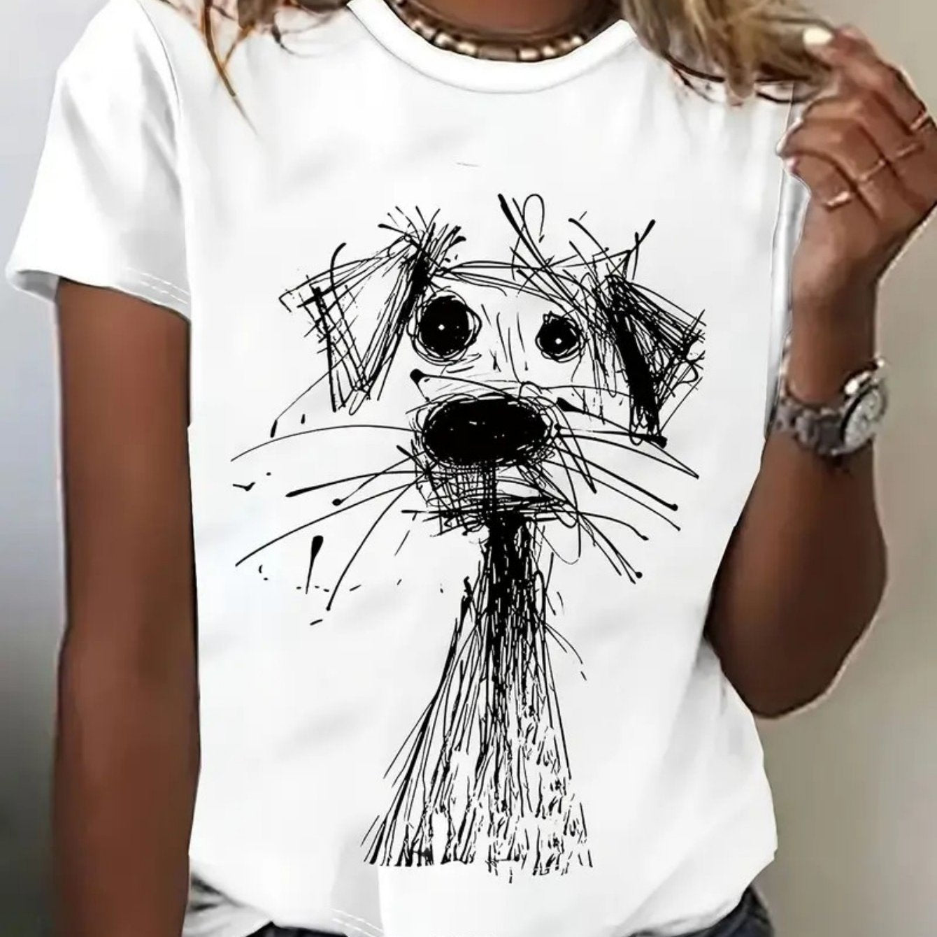 TEMU Women's T-shirt - Cute Black & White Line Tee, Soft Breathable 100% Loose Fit Shirt For Everyday Casual Outfits, Summer Parties & Anime Events -