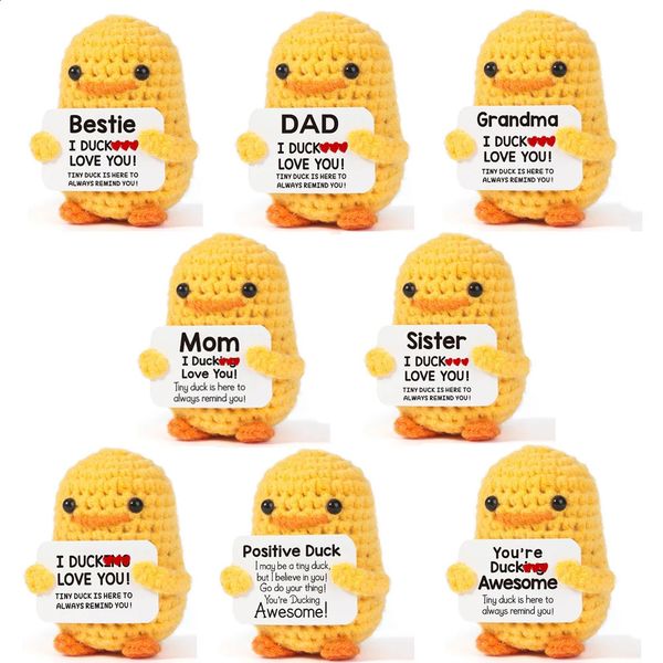 Positive Energy Duck Handmade Plush Wool Knitting Doll With Card Funny Crochet Ornament Christams Gift Home Room Decoration 241230