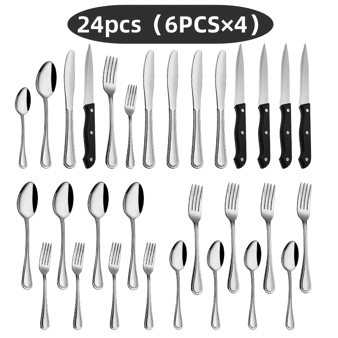 TEMU 6-24-48pcs Silverware Set With Steak Knives, Flatware Set For 4-8, Food-grade Stainless Steel Tableware Cutlery Set, Utensil Sets For ,
