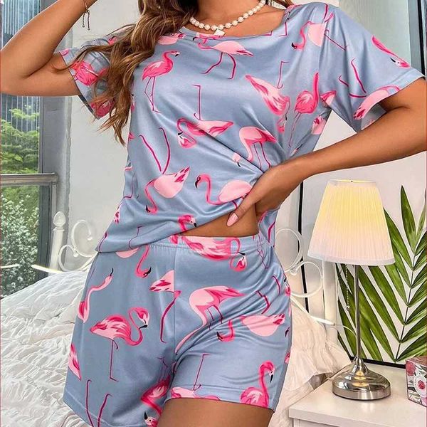 Women Pajamas Set Sleepwear Short Sleeve Tops Shorts Pajama Sets Round Neck Pyjama Femme Ladies Flamingo Print Lounge Home WearC241213