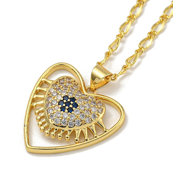 Collares con colgante de corazón de melocotón y circonita cúbica transparente y azul pavé de latón para mujer