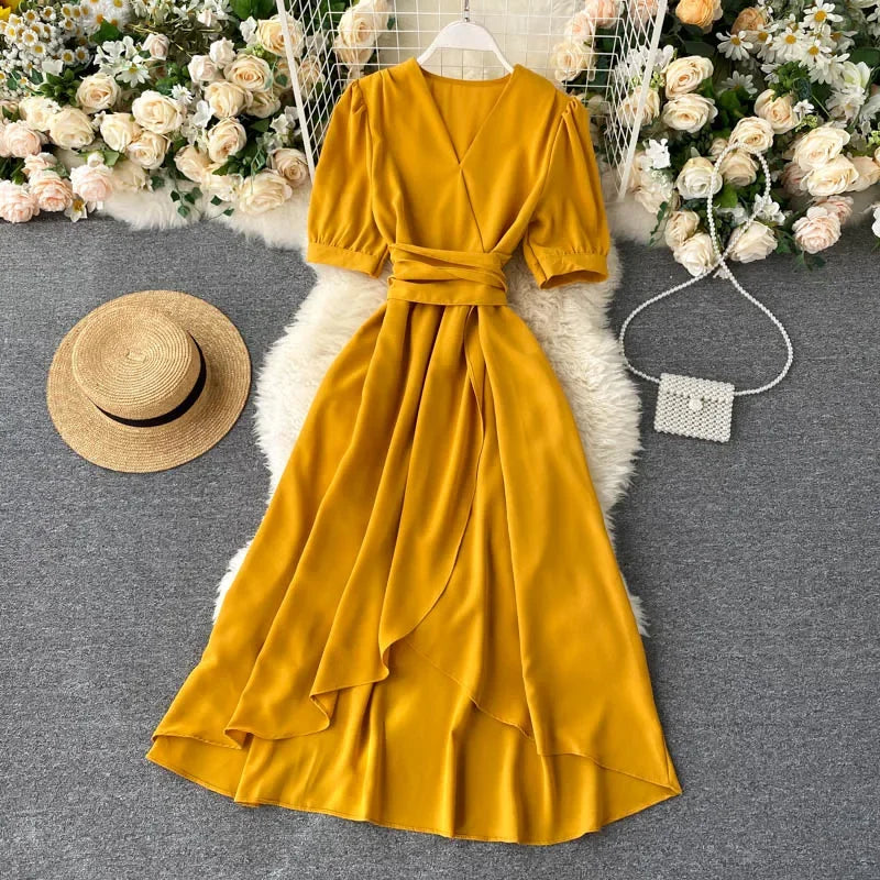 V-neck Solid Color Bubble Short-sleeved Ruffle Edge Lacing Dress Leisure Vestidos Women&#039;s Dress Spring New Temperament