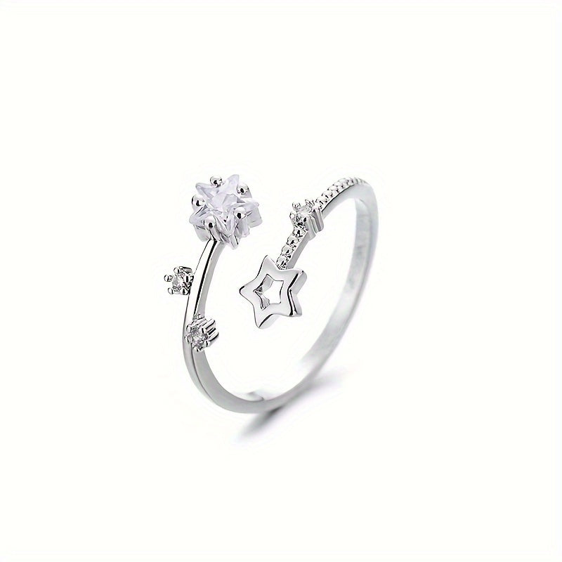 TEMU Adjustable Hollow Star Zirconia Ring For Women - Stylish With Copper Alloy, Parties And Casual Attire