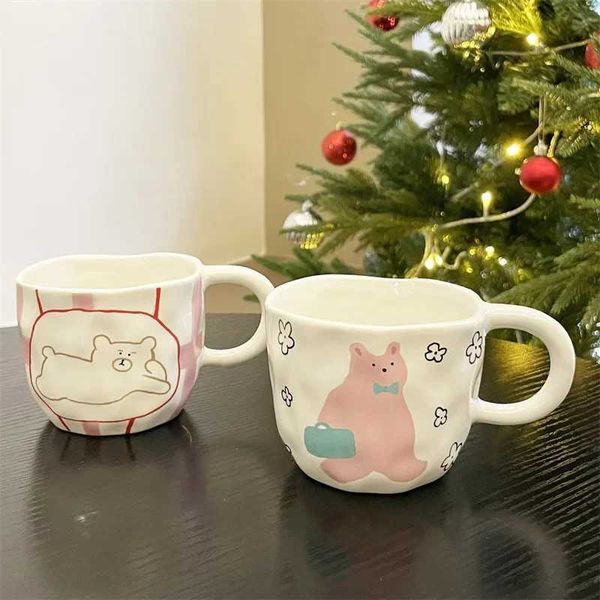 Hand Pinched Irregular Ceramic Mug Cute Bear Pattern Coffee Cup Milk Oatmeal Breakfast Cup Student Office Water Cup Girl Gift Y240813