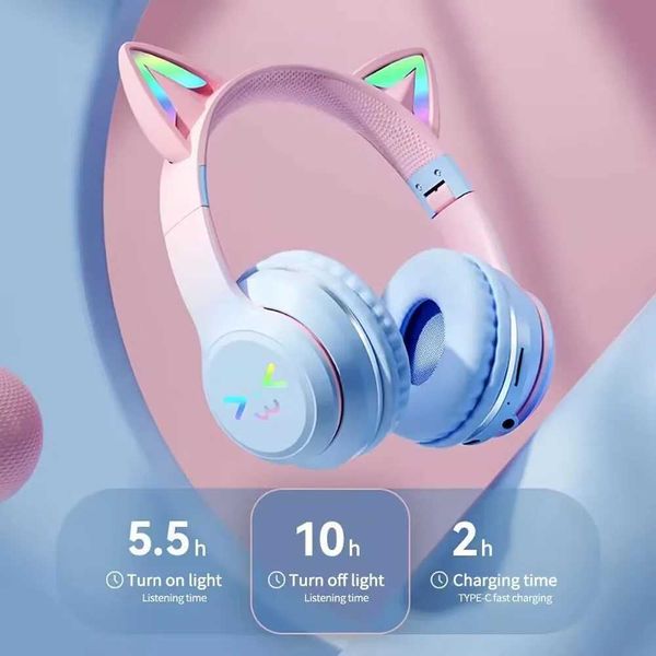Earphones Wireless and Bluetooth Headphones Blutooth With Cable RGB Glow Pc Gamer Girl Cat Ear Microphone Hifi BassM240729