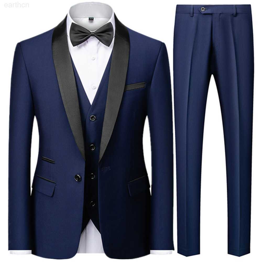 Men Mariage Color Block Collar Suits Jacket Trousers Waistcoat Male Business Casual Wedding Blazers Coat Vest Pants 3 Pieces Set
