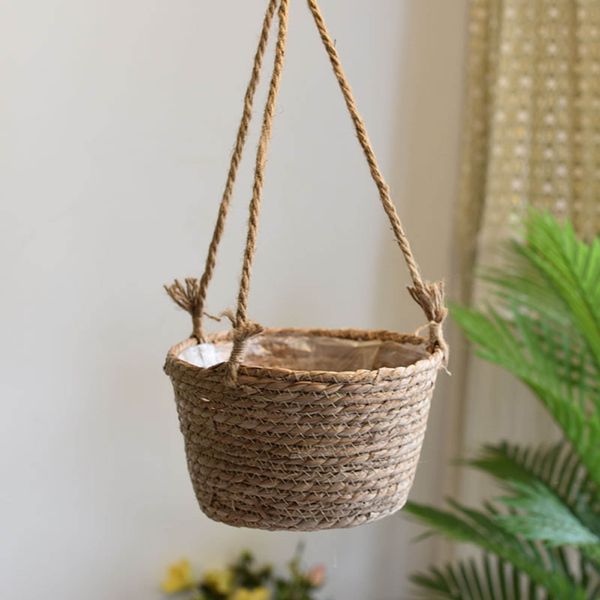 Hand Woven Knitted Straw Rope Hanging Planter Baskets Flower Pot Holder Containers Storage Organizer Hanging Pots For Indoor