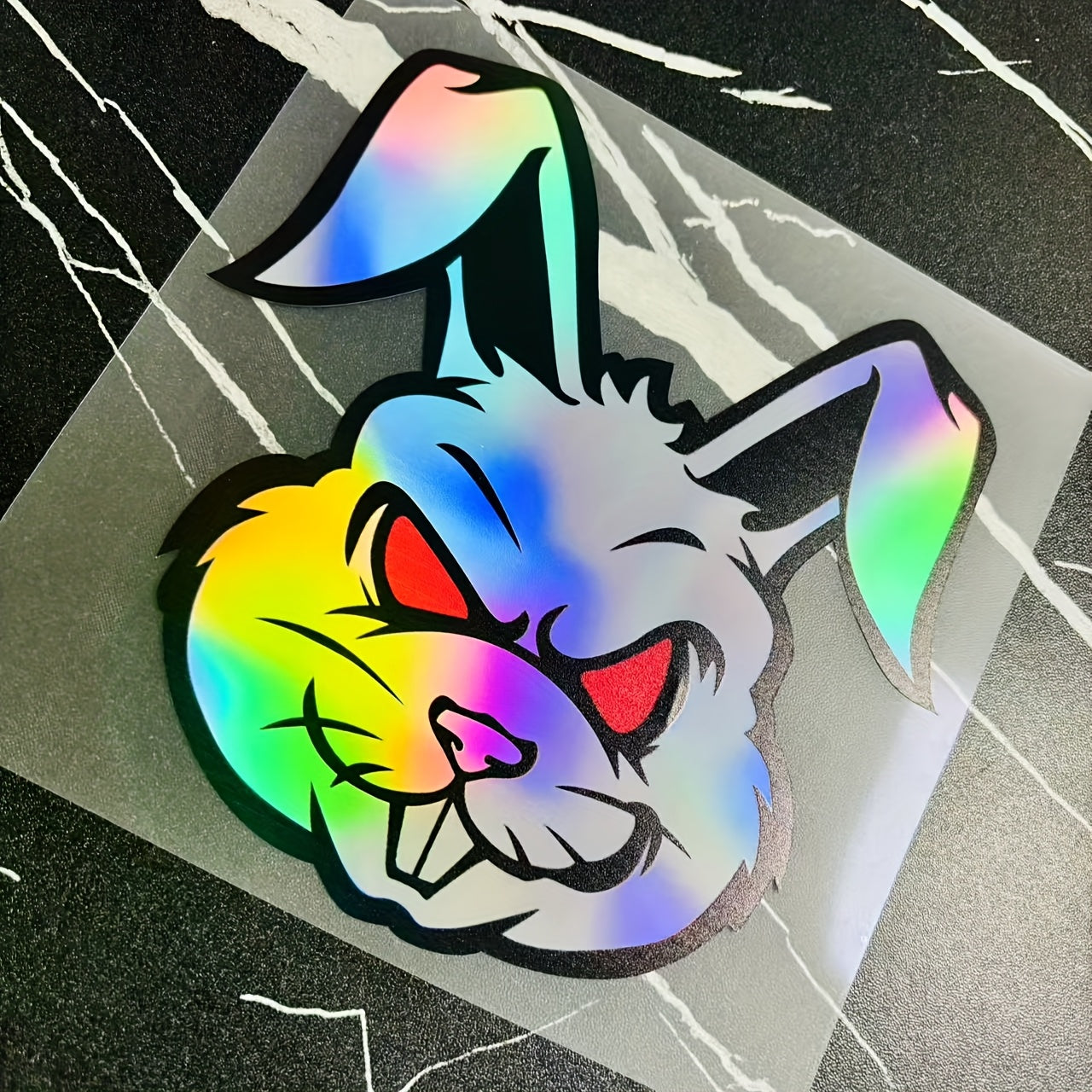 TEMU 1pc Evil Rabbit Motorcycle Sticker - Waterproof Vinyl Decal With Aggressive Glowing Red Eyes & Rainbow Gradient Design For Motorcycle, Scooter,