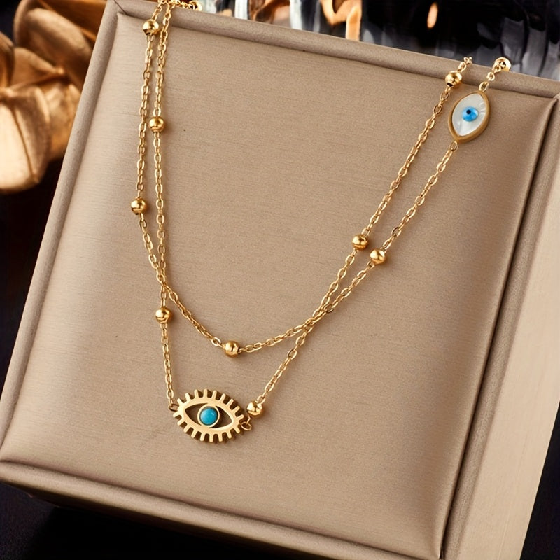 TEMU Punk-inspired Stainless Steel Eye Necklace With Double Chain - Boho & Vintage Style, Durable Resin Pendant, Ideal For Daily Wear Or Gift,