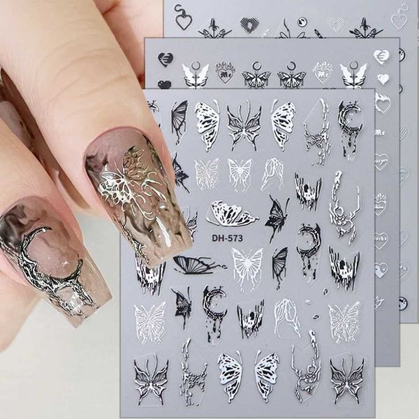 Metal Silver Black Butterfly 3D Nail Stickers Ink Moon Star Heart Adhesive Sliders Dark Gothic Nail Art Accessories Stickers W240815