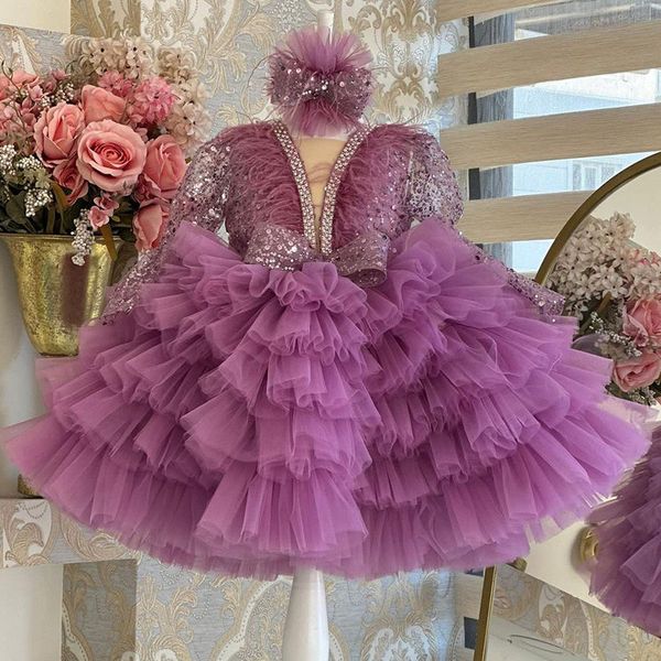 Luxury feather sequined Girls Pageant Dresses 2024 new long sleeves crystals beaded tutu Appliques Tiered Skirts Red Flower Girl Dress Custo