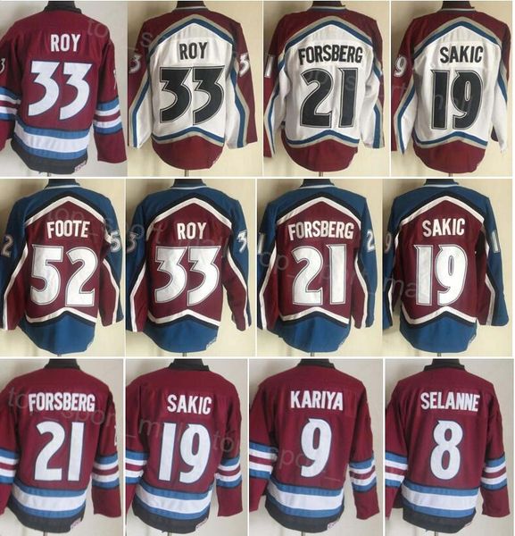 Men Retro Hockey 52 Adam Foote Jersey Vintage Classic 21 Peter Forsberg 19 Joe Sakic 33 Patrick Roy 8 Teemu Selanne 9 Paul Kariya Retire CCM