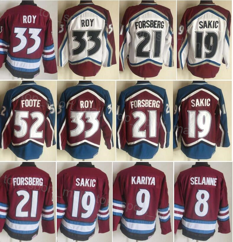 Men Retro Hockey 52 Adam Foote Jersey Vintage Classic 21 Peter Forsberg 19 Joe Sakic 33 Patrick Roy 8 Teemu Selanne 9 Paul Kariya Retire CCM Stitche