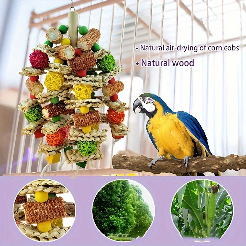 TEMU 16" Natural Corn Cob Chew Toy For Parrots - Rattan Woven Bird Cage Accessory, Ideal For Medium & Large Birds
