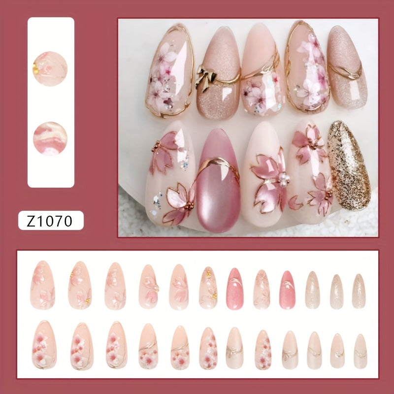 TEMU 3d Glossy Floral Medium Length Almond Nails - Sparkling Detachable Fake Nails With Golden Accents, Elegant European & For Casual Attire, Nails