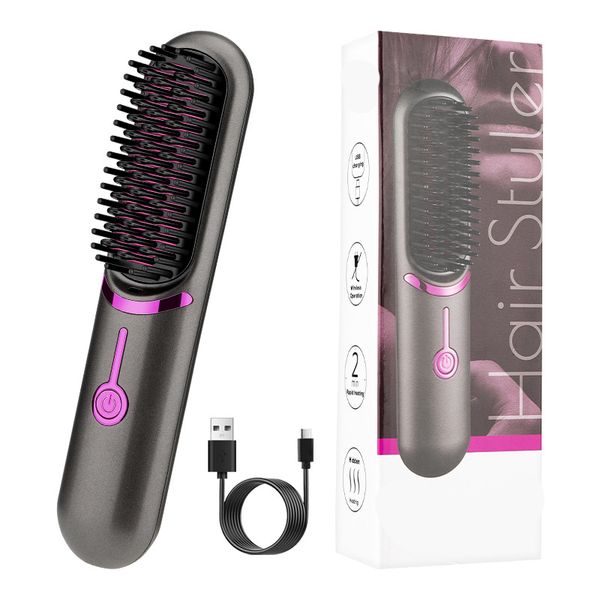 USB Rechargeable Portable Cordless Heated Comb Beard Comb Hair Straightener Brush Multi-function Wireless Straight Hair Comb Curling Iron fo
