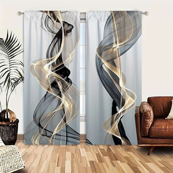 2pcs, Abstract Aesthetic Artistic Lines Printed Protect Privacy Curtain, Suitable for Living Room Decoration, Bedroom Blackout, Bathroom Wat