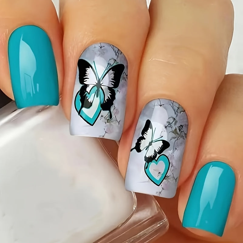 TEMU 24pcs Gradient Press-on Nails Set, Heart & Animal Patterns, Medium Length, Glossy Finish, With Jelly Adhesive & Nail File, Tones