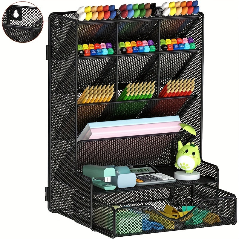 TEMU 1pc Pen Organizer For Desk, Multi-functional Desk Organizer, Wall Mount Pen Holder With Drawer For School, Office, Home, Art Supplies, Black