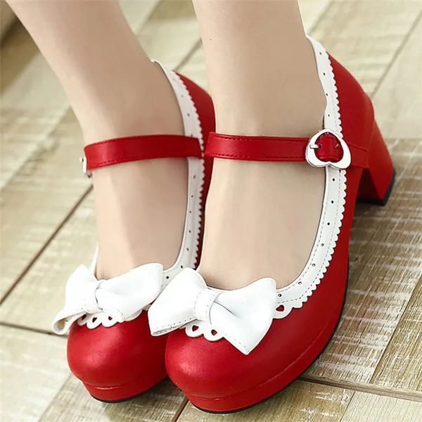 PXELENA Plus Size 34 43 Lolita Mary Janes Women High Heels Shoes Sweet Bowknot Ruffles Dress Party Wedding Shoes Bridal Princess 240607