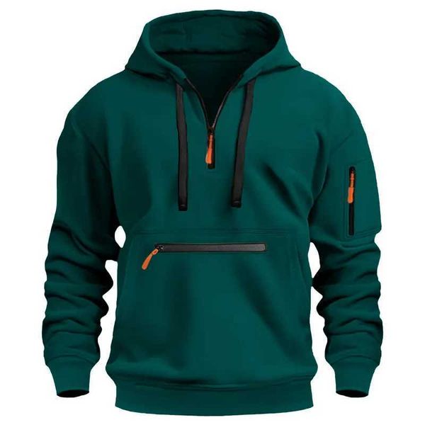 Mens Casual Sports Capuz Spring e Autumn Fashion Arm Pocket Pull corda com capuz de cor sólida cor solta blusa de mangas compridas Pulloverx