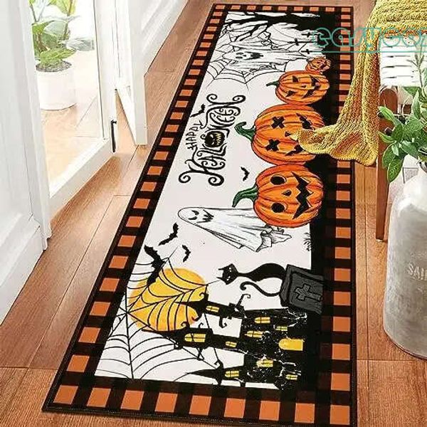 Halloween Horror Pumpkin Kitchen Hallway Balcony Rugs Decoração de casa Basa de cabeceira de pegador de banheiro de lavanderia anti-deslizam