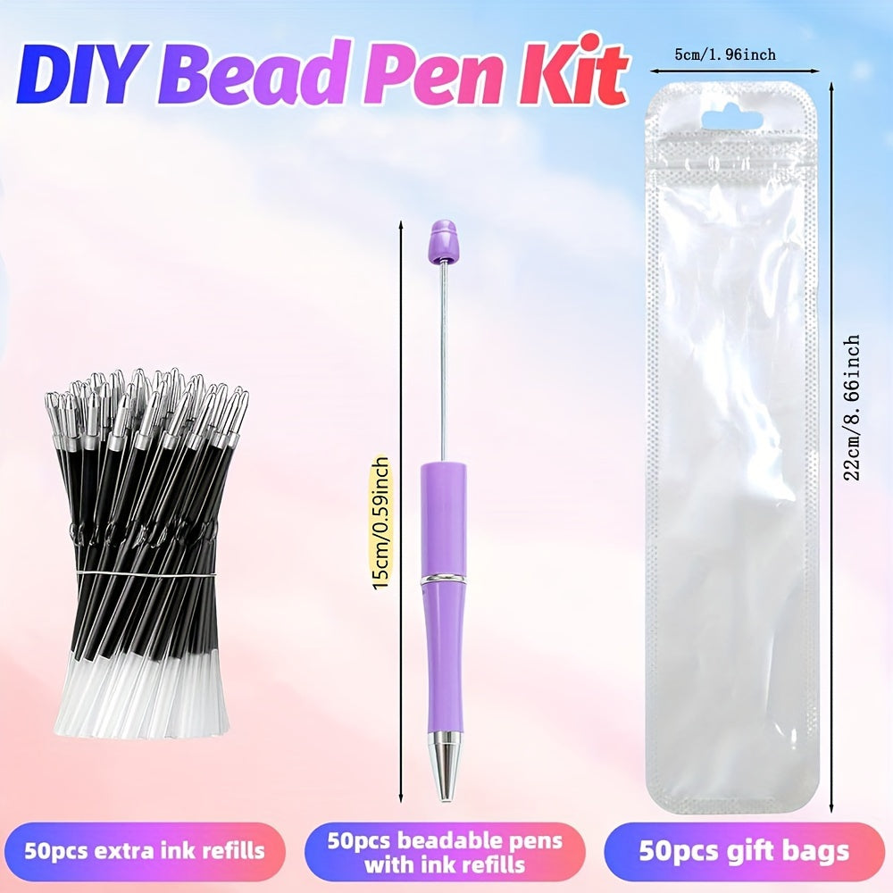 TEMU 150pcs Diy Beadable Pens Kit - 50 Beaded Pens (with Pen Refill)+50pcs Pen Refill +50pcs Pen Bag - Beaded Pens Black Ink Ballpoint Cute Pens For