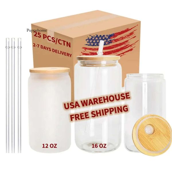 US Warehouse 16Oz Sublimation Glass Beer Mugs With Bamboo Lids And Straw Tumblers DIY Blanks Cans Heat Transfer Tail Iced Coffee Cups 4.23 0