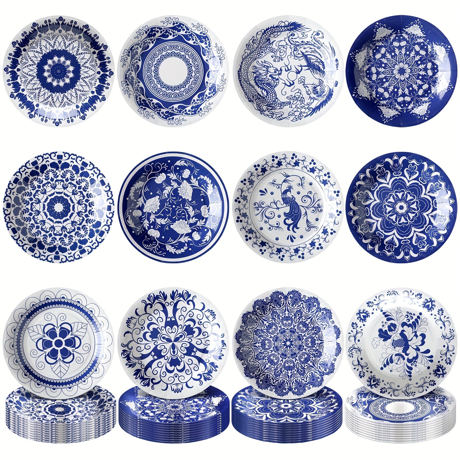 TEMU 120pcs Blue And White Flower Paper Plates Disposable Blue And White Decorative Dinner Plates Chinoiserie Dessert Tableware For Wedding (round)