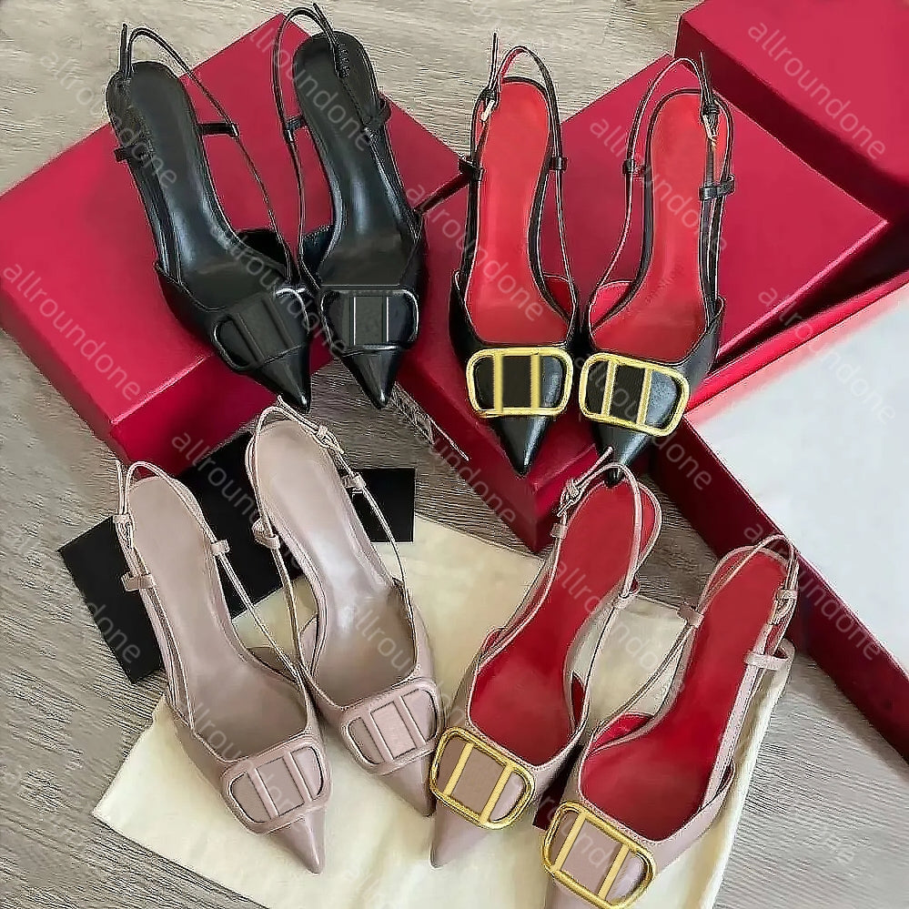 High Heels Designer Sandals Classics Metal Buckle V Pointed Toe Thin Heel slingback heels Summer Genuine Leather Woman Wedding Shoes 4cm 6cm 8cm 10c