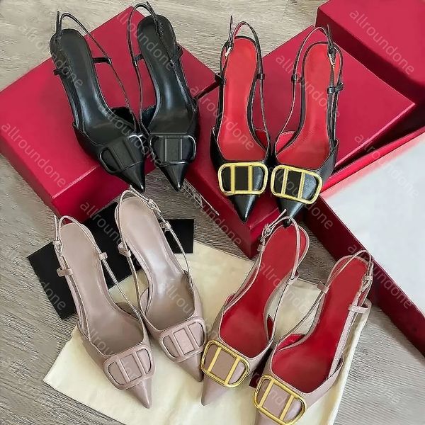 High Heels Designer Sandals Classics Metal Buckle V Pointed Toe Thin Heel slingback heels Summer Genuine Leather Woman Wedding Shoes 4cm 6cm