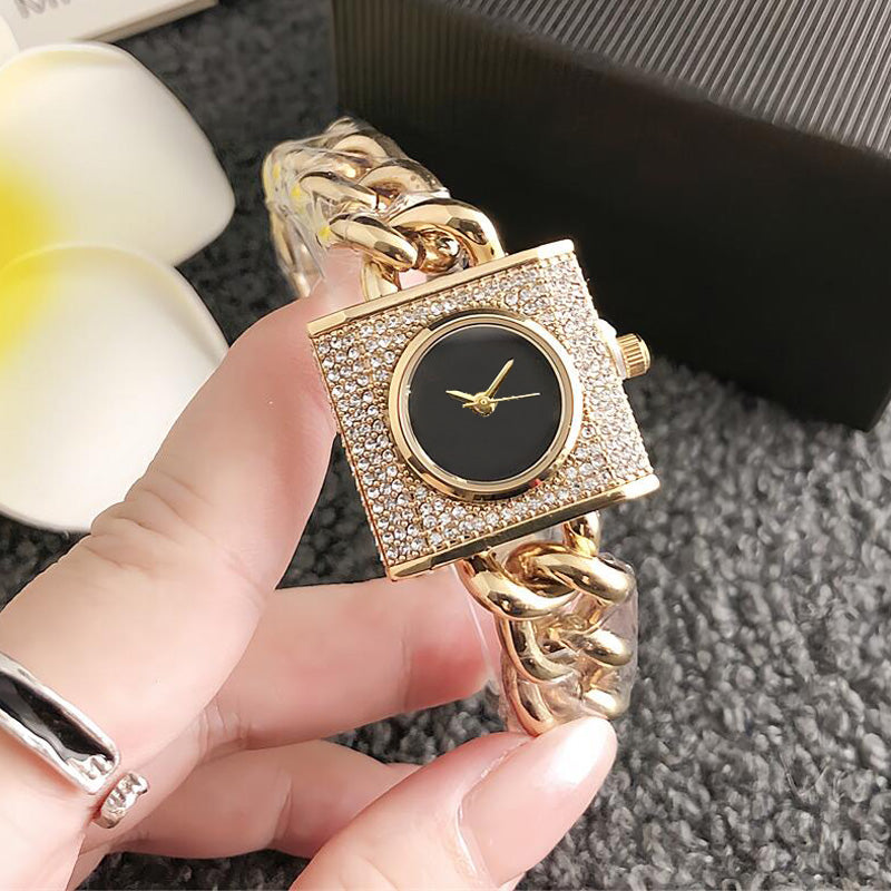 Fashion Brand Wrist Watch Women Girl Large Letters M Square Crystal Style Steel Metal Band Quartz Clock M184