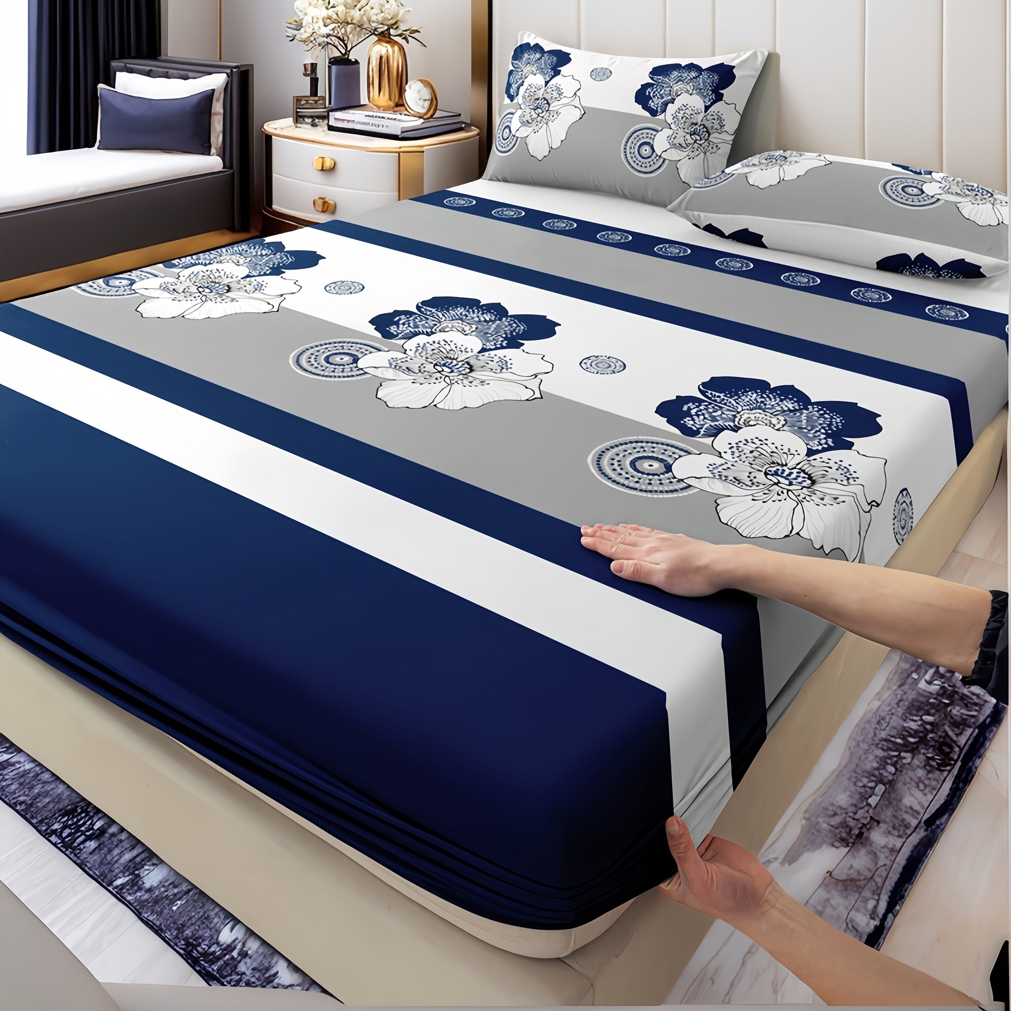 TEMU 3pcs Set Blue And White Floral Fitted Sheet Set - 2 Pillowcases - 1 Fitted Sheet For Twin, Full, Size - Soft Beige Light Beige-friendly Material