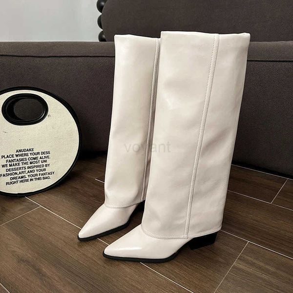 Calcanhar quadrado no joelho Botas modernas primaveraoutono slip- fem shoes s 2024 Novo dedo pontual de calcanhar alto wens botas z241211