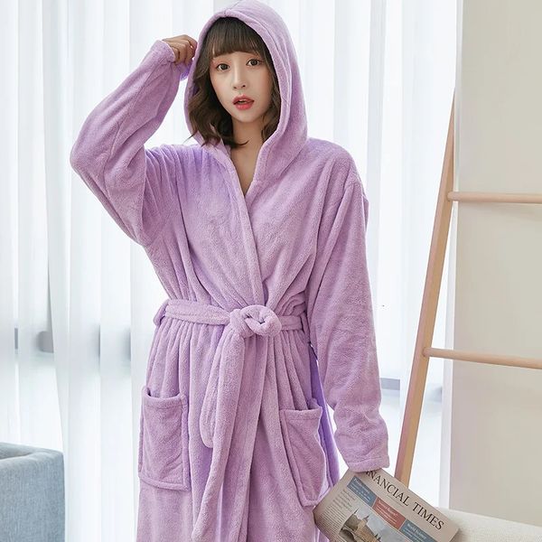 Coral Velvet Bathrobes for Women Long with Hood Autumn Winter Solid Plush Microfiber Bath Robe Sleepwear Home Bathroom Clothes 241112