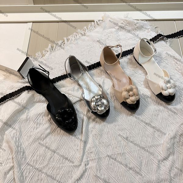 luxury summer Slides Designer Sandals Camellia Embellished Ankle Strappy Lambskin Flats womens Slippers ivory shoes silver black Slider beig