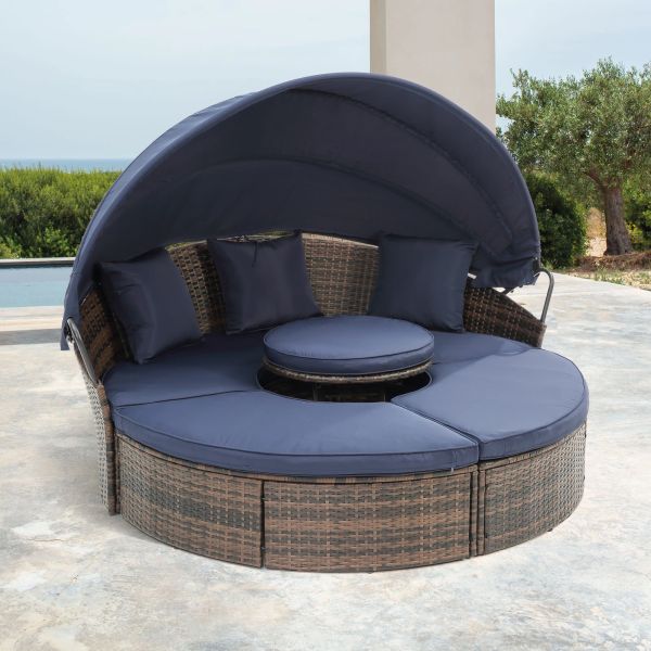 Rattan Furniture Outdoor Patio Sofá Round Round Lounge com Sofá de vime ao ar livre de Canopy com mesa de café elevador